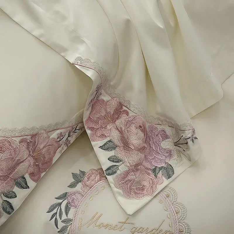 French flowers embroidery cream & pink bedding set bedroom luxury cotton