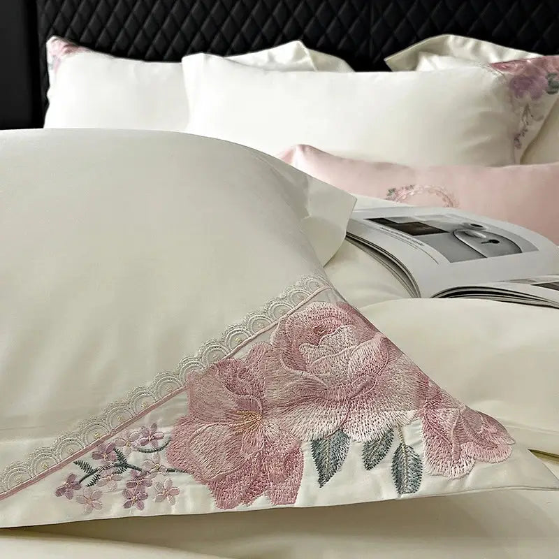 French flowers embroidery cream & pink bedding set bedroom luxury cotton