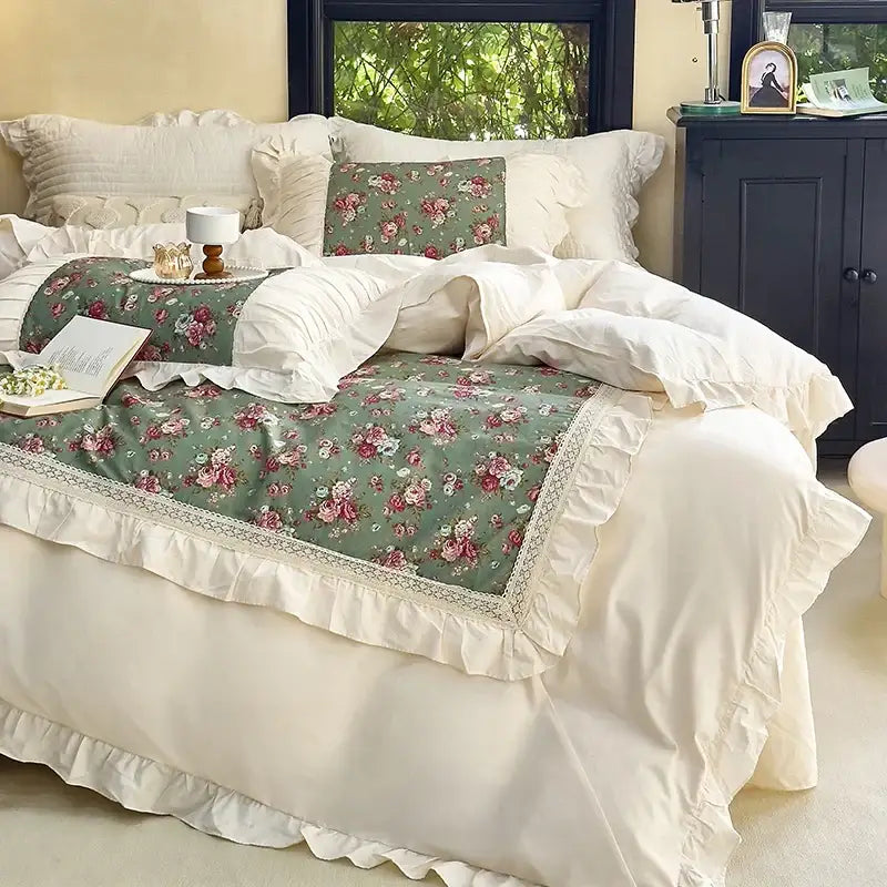 French flowers lace ruffles cream bedding set bedroom decor
