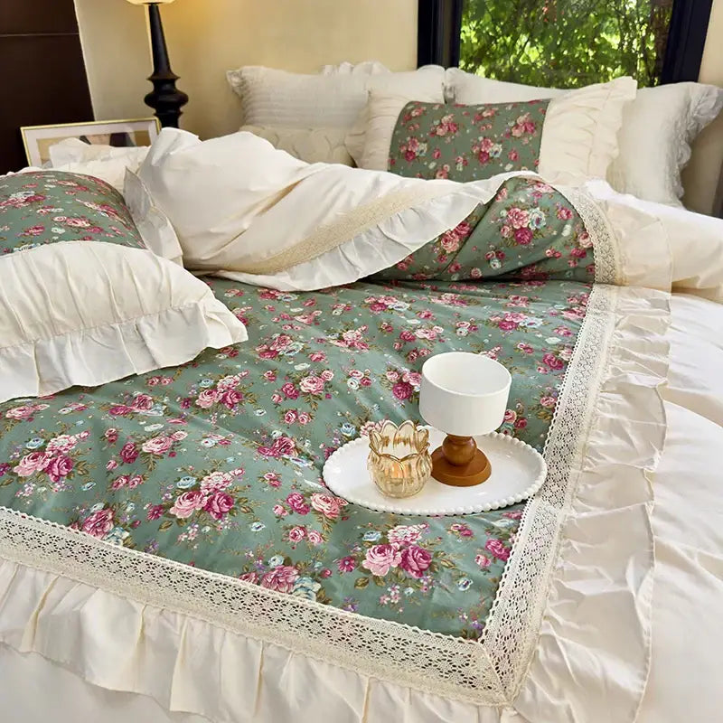 French flowers lace ruffles cream bedding set bedroom decor