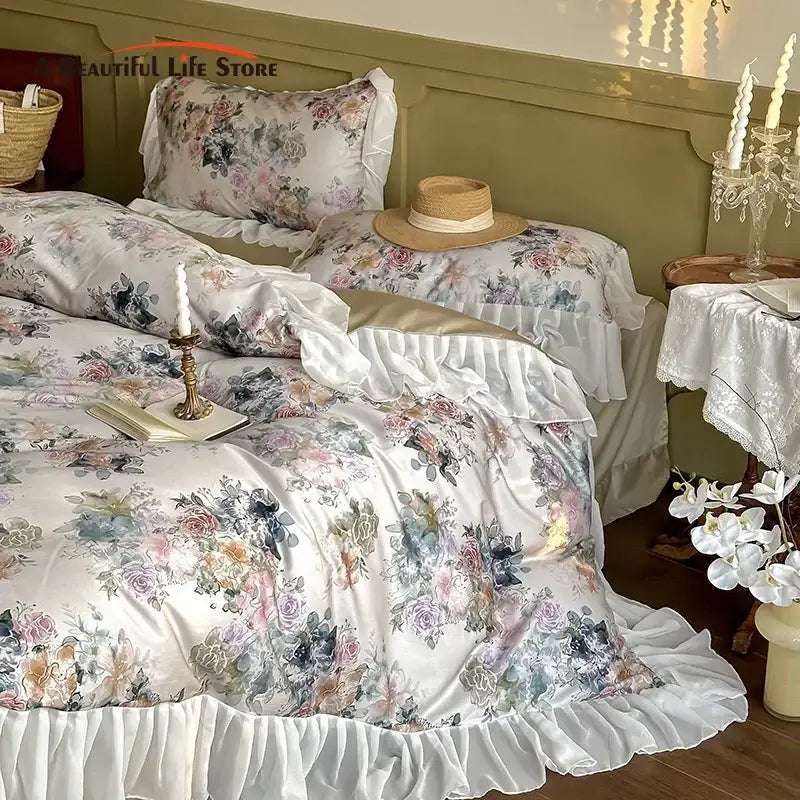 French flowers lace ruffles satin bedding set bedroom decor