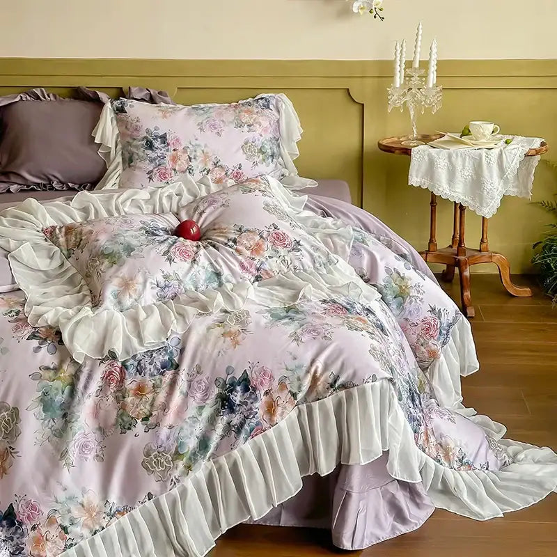 French flowers lace ruffles satin bedding set bedroom decor