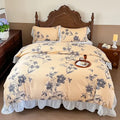 French flowers lace ruffles white bedroom bedding set