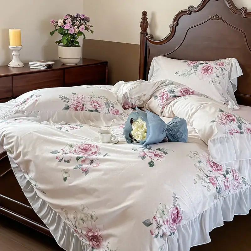 French flowers lace ruffles white bedroom bedding set