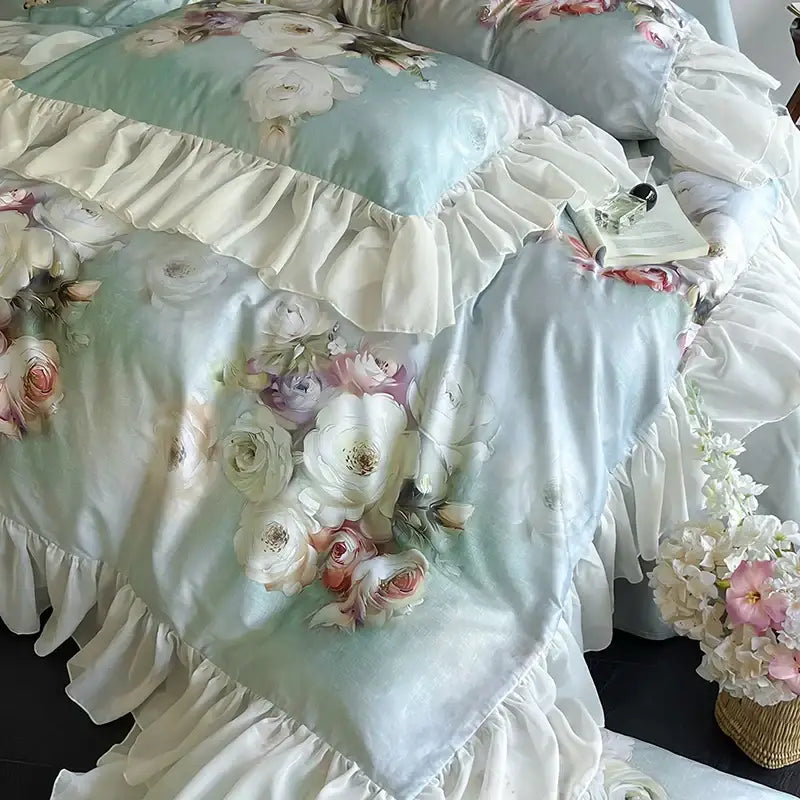 French flowers mint & white lace ruffles bedding set bedroom decor