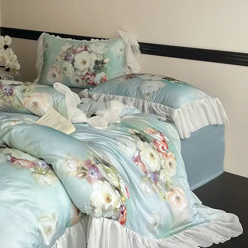 French flowers mint & white lace ruffles bedding set bedroom decor