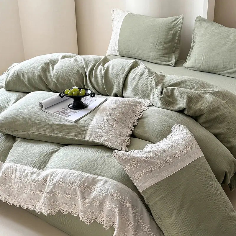 French lace cotton mint green & white bedding set bedroom duvet