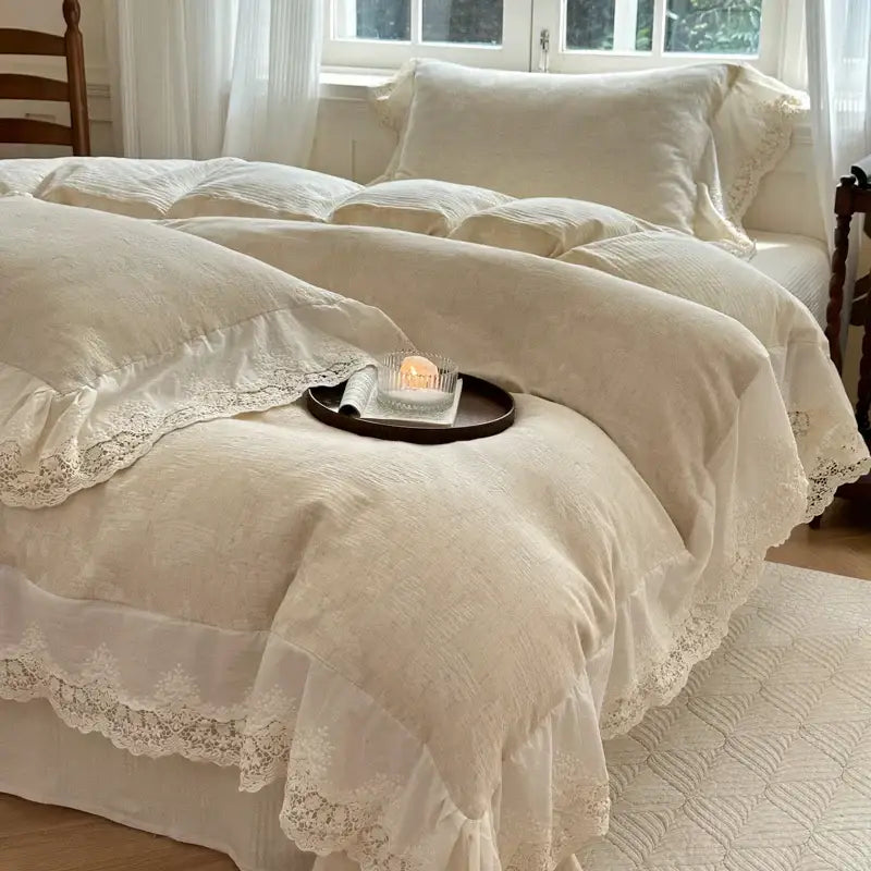 French lace cream jacquard linen cotton bedding set bedroom ruffles