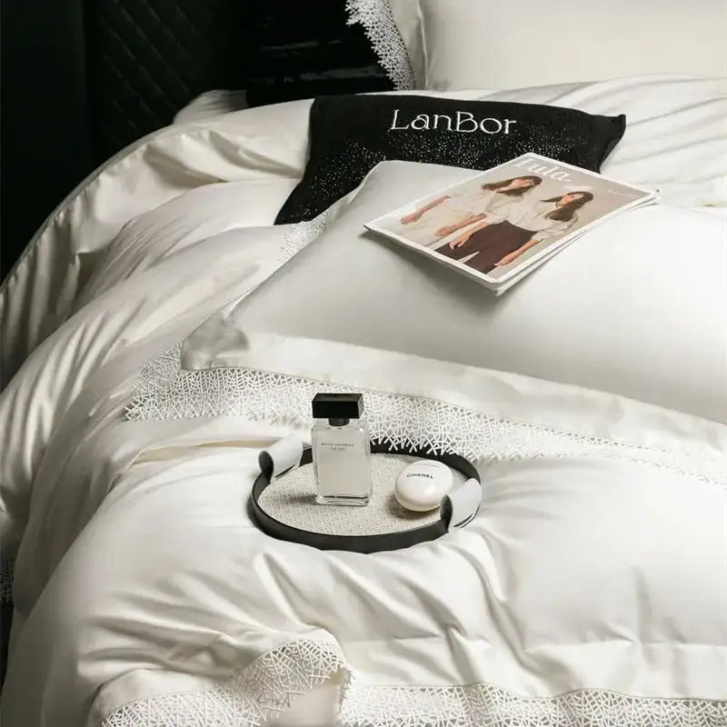 French lace edge white & silver bedding set bedroom duvet cover