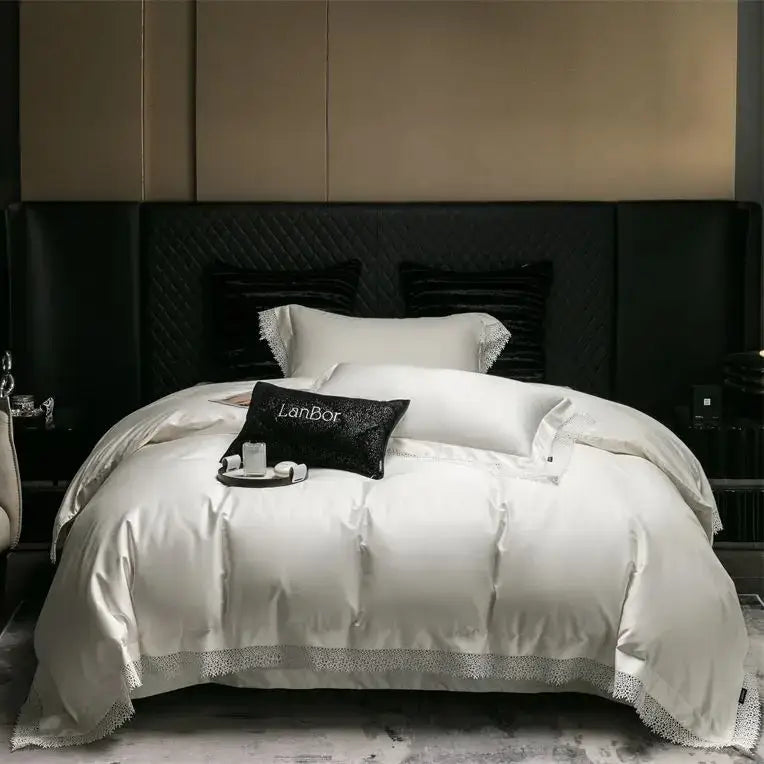 French lace edge white & silver bedding set bedroom duvet cover