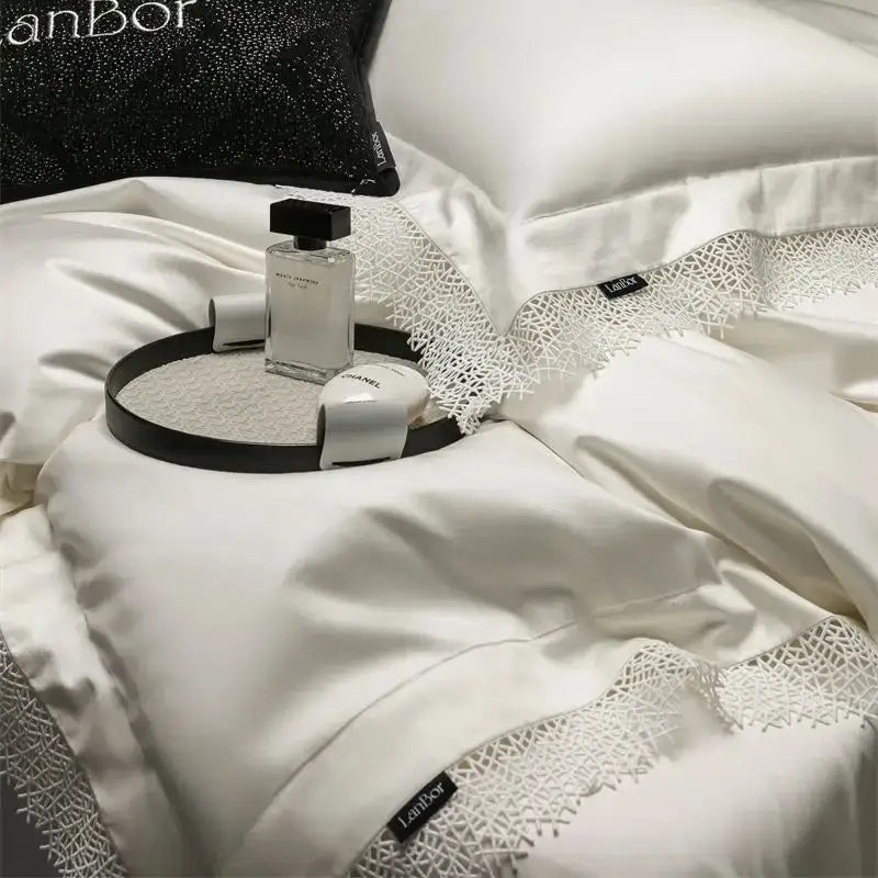 French lace edge white & silver bedding set bedroom duvet cover