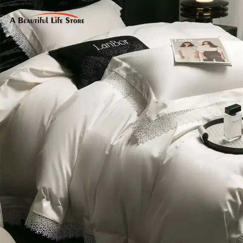 French lace edge white & silver bedding set bedroom duvet cover