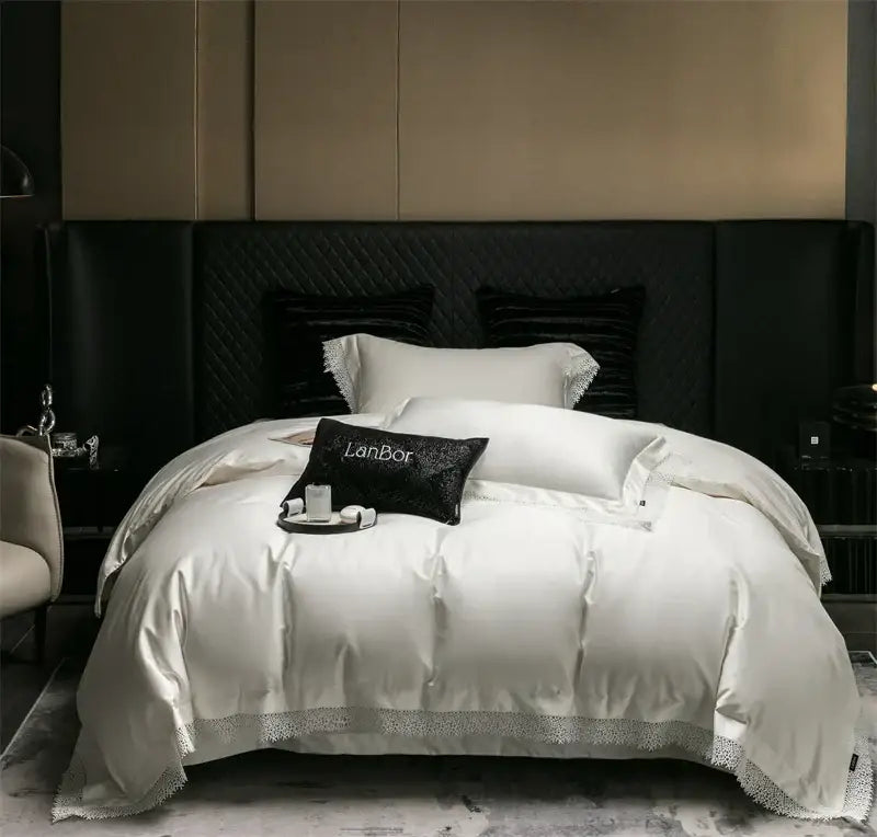 French lace edge white & silver bedding set bedroom duvet cover