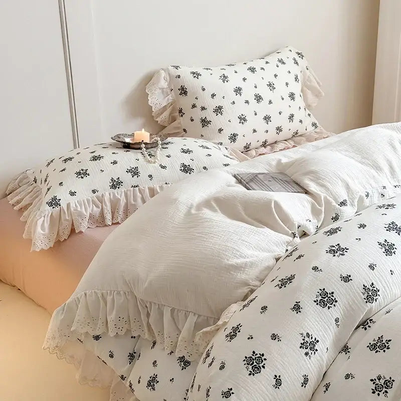 French lace floral white cotton bedding set bedroom ruffles