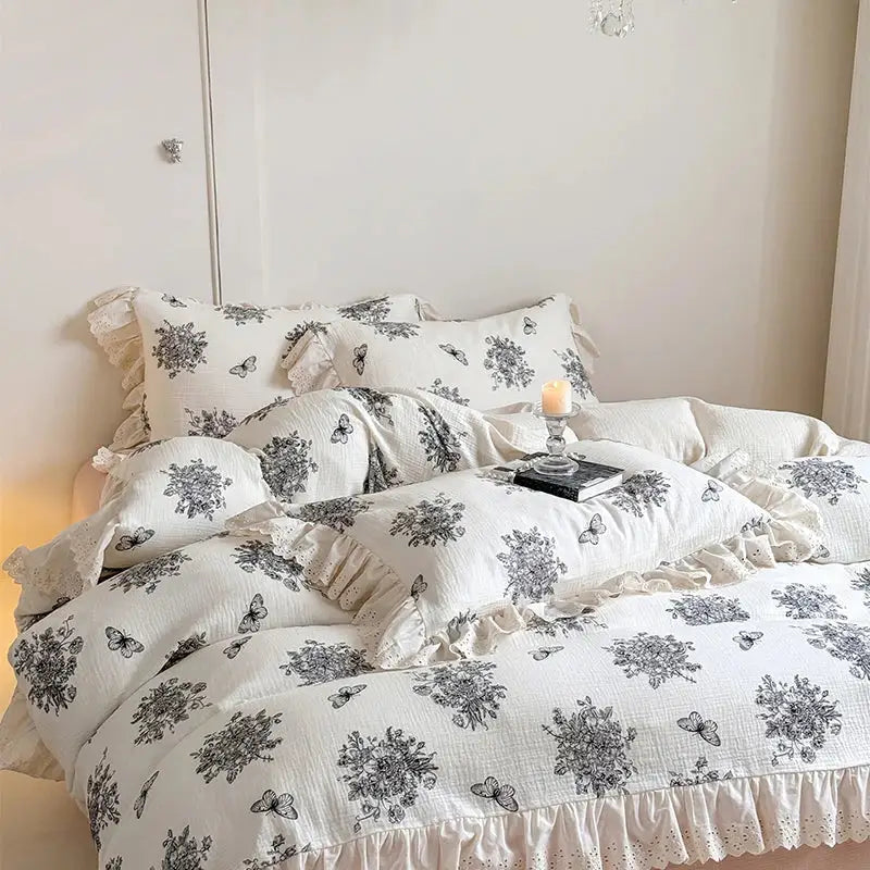 French lace floral white cotton bedding set bedroom ruffles