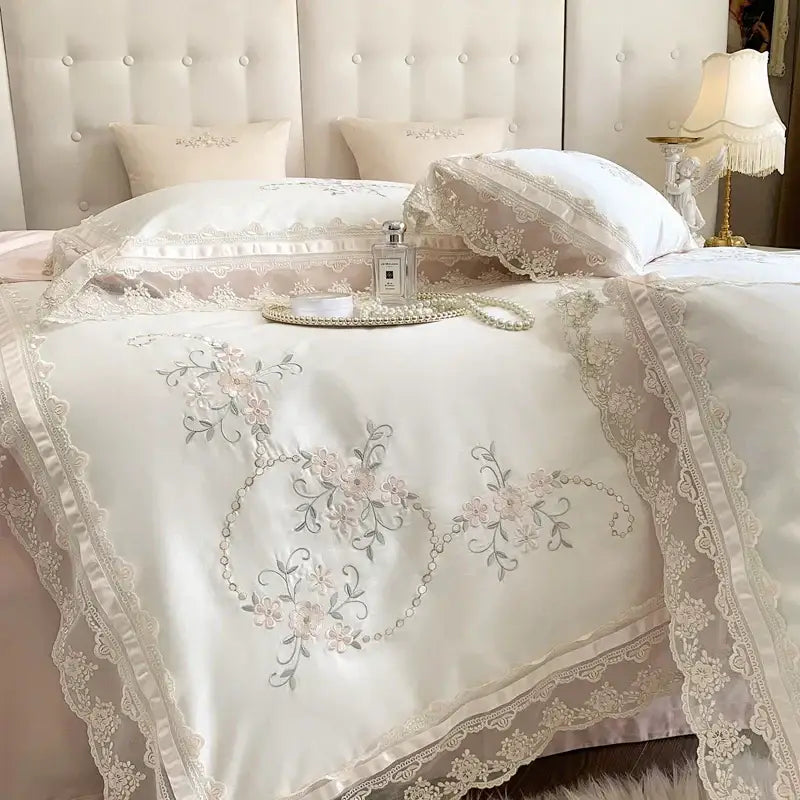 French lace flowers ivory satin bedding set bedroom floral embroidery