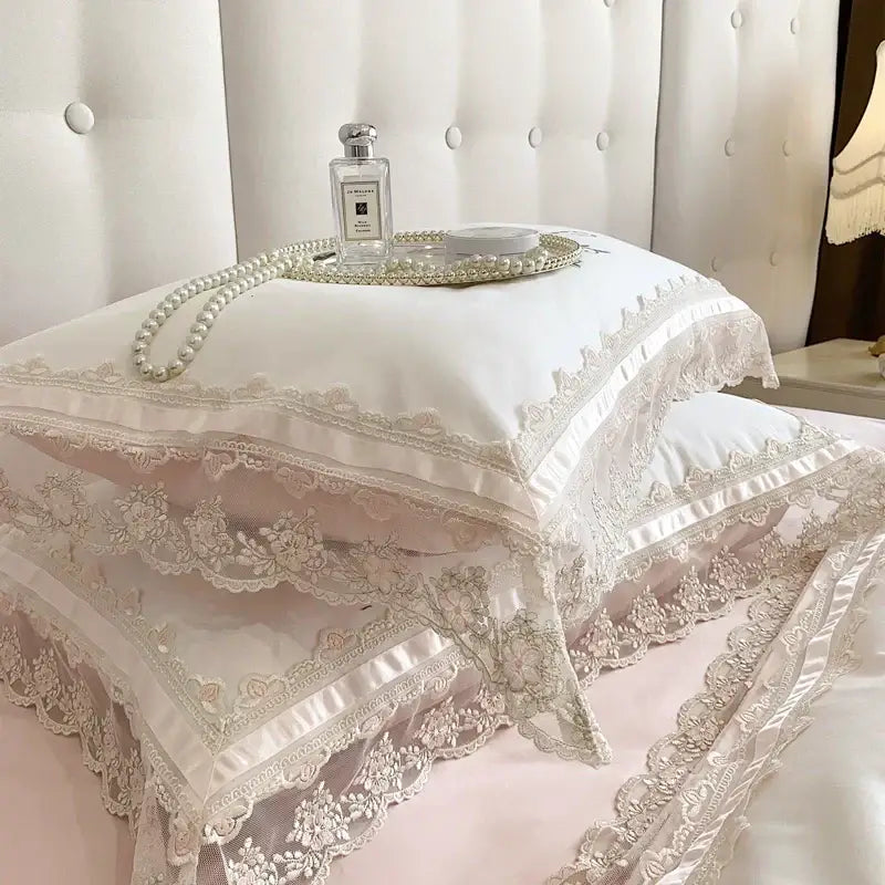 French lace flowers ivory satin bedding set bedroom floral embroidery
