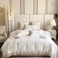 French lace flowers ivory satin bedding set bedroom floral embroidery