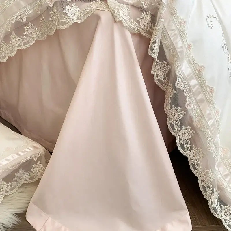 French lace flowers ivory satin bedding set bedroom floral embroidery