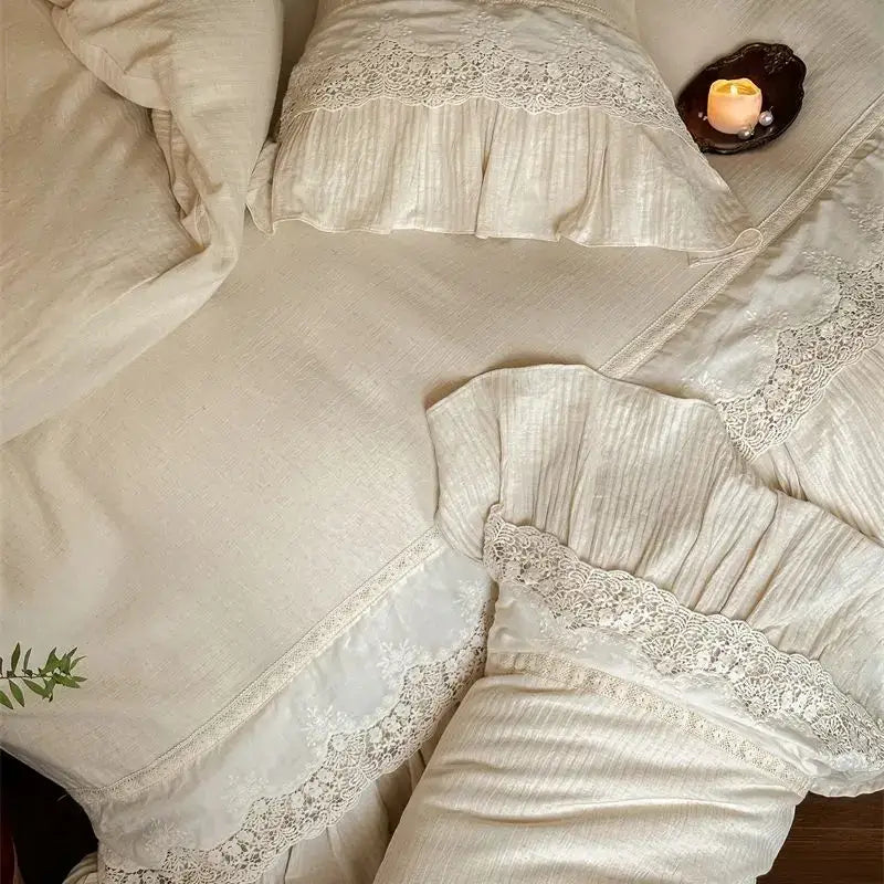 French lace ruffle cream linen bedding set bedroom decor