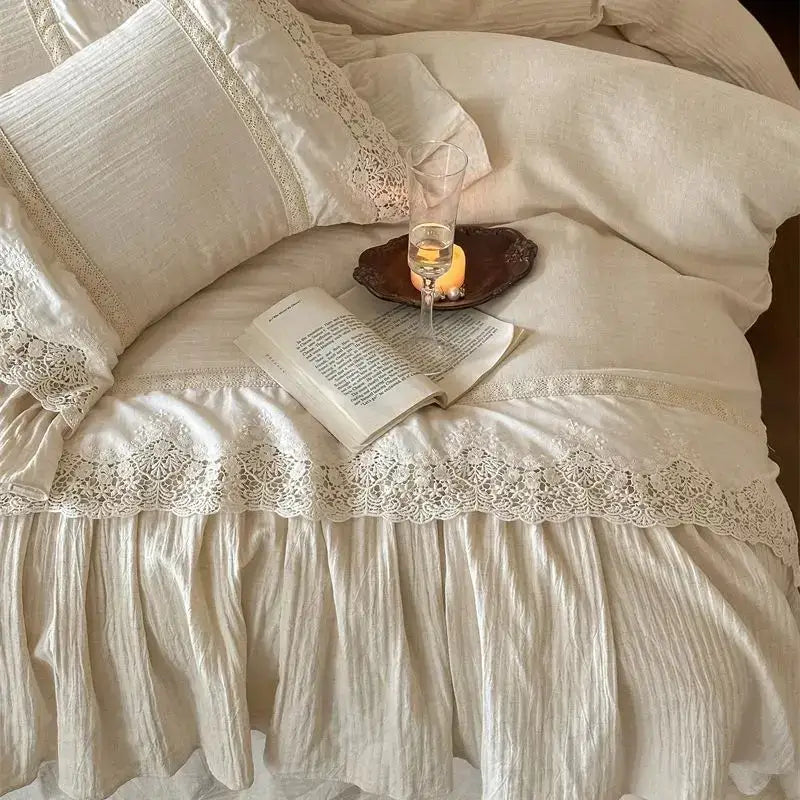 French lace ruffle cream linen bedding set bedroom decor