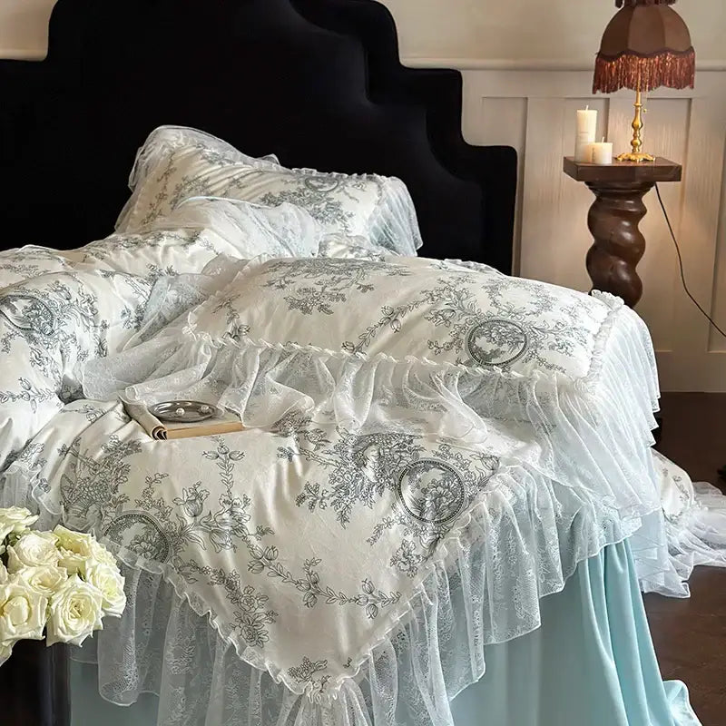 French lace ruffles blue & white bedding set bedroom floral quilt cover