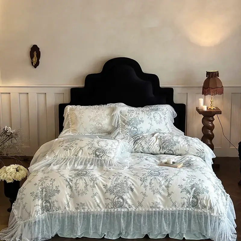 French lace ruffles blue & white bedding set bedroom floral quilt cover