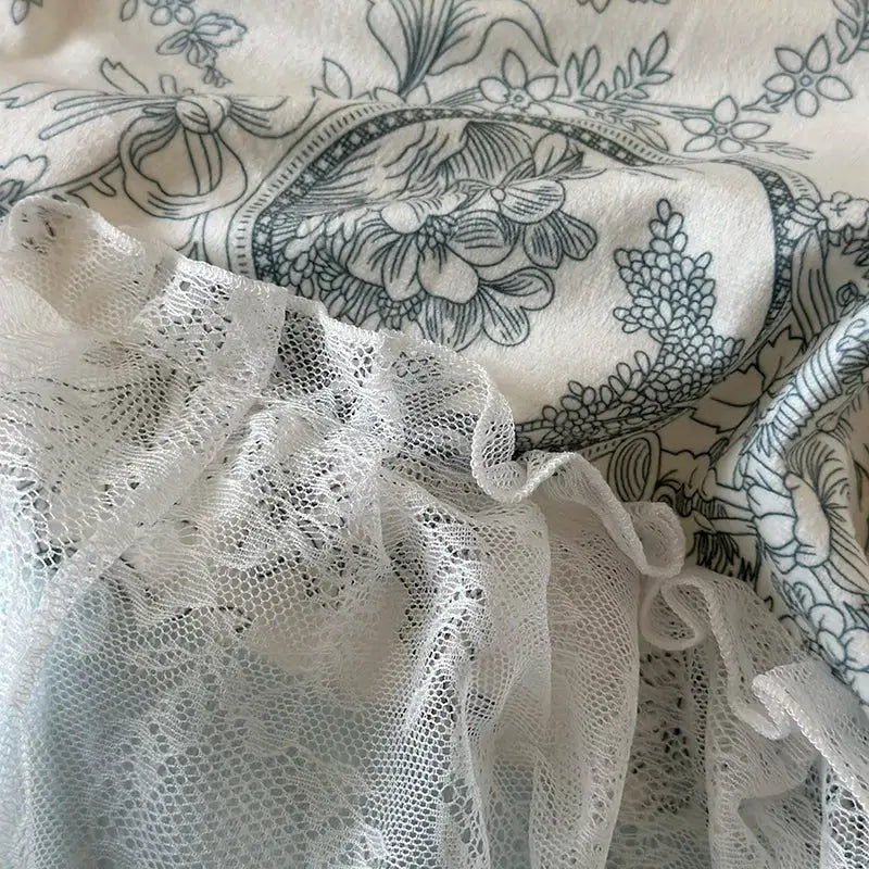 French lace ruffles blue & white bedding set bedroom floral quilt cover