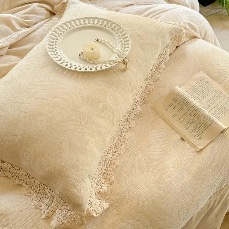 French lace ruffles cream linen bedding set bedroom decor