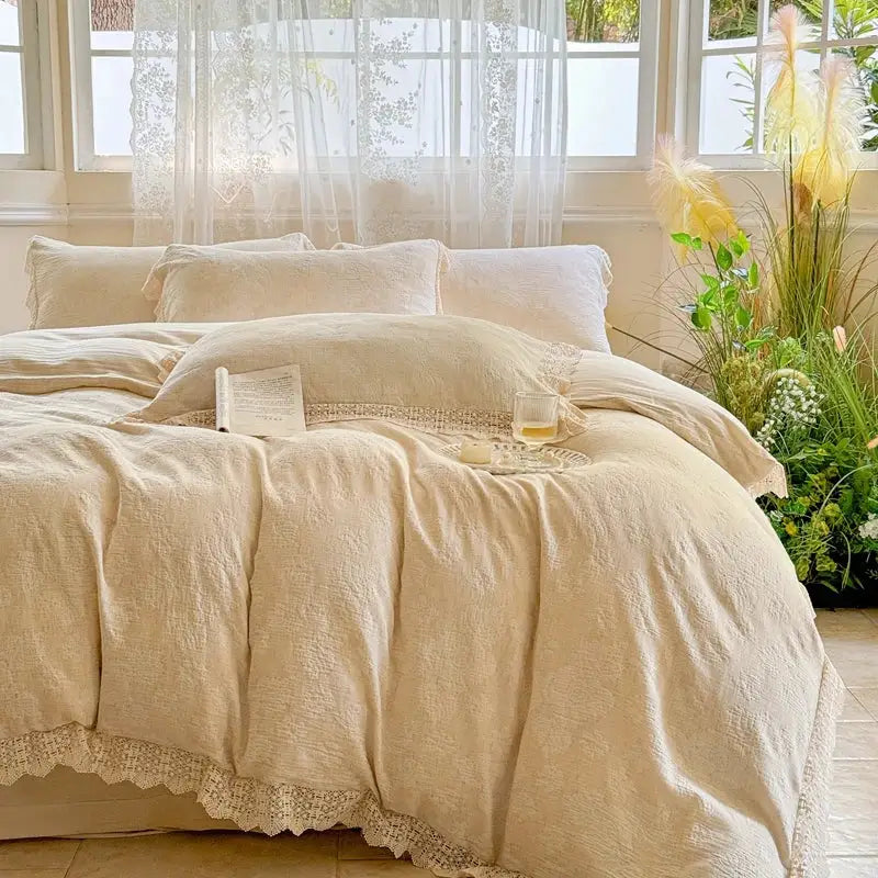 French lace ruffles cream linen bedding set bedroom decor