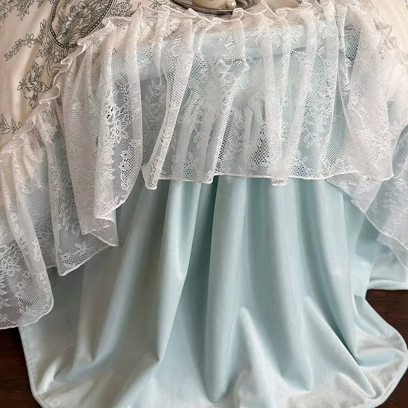 French lace ruffles light blue & white bedding set bedroom quilt cover