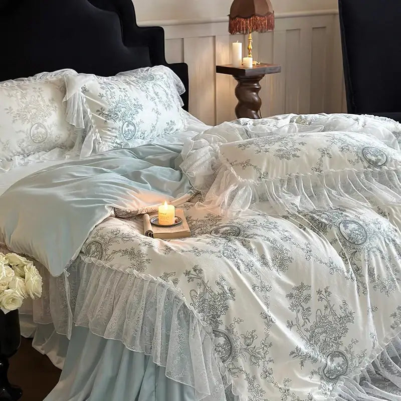 French lace ruffles light blue & white bedding set bedroom quilt cover