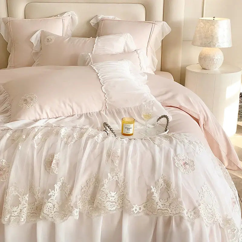 French lace ruffles pink cotton bedding set bedroom decor