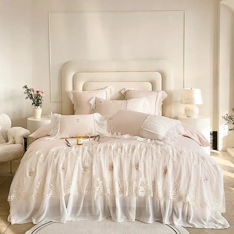 French lace ruffles pink cotton bedding set bedroom decor