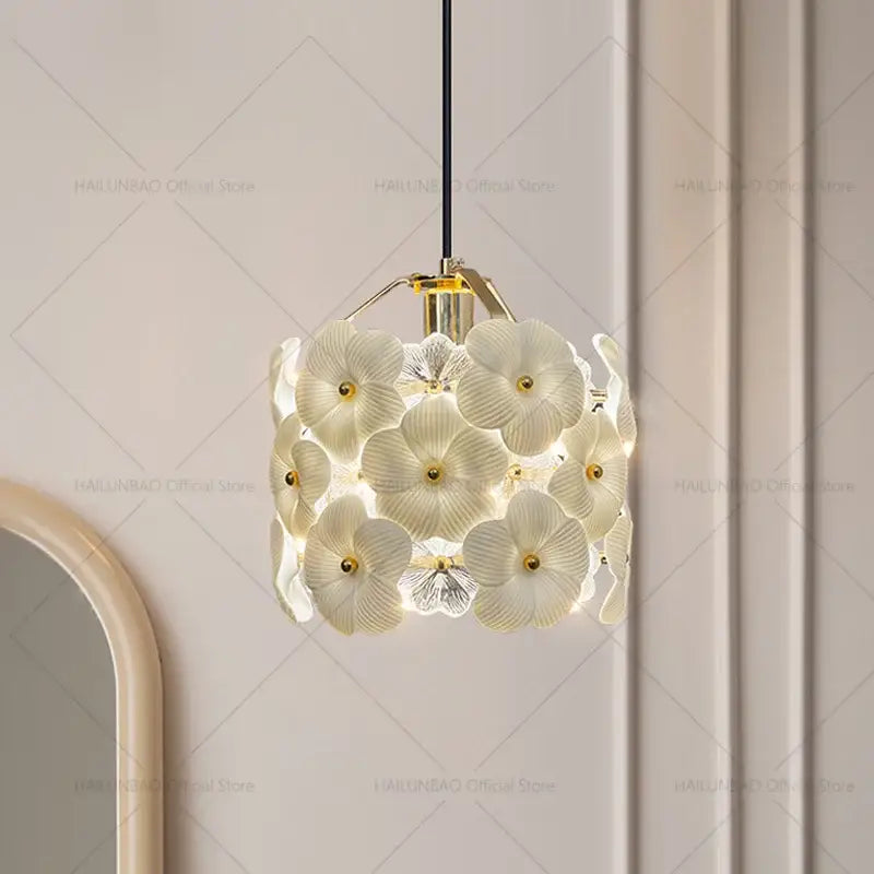French light luxury white flower glass chandelier bedroom pendant light