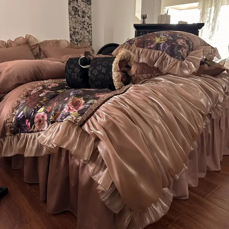 French organza lace taupe floral bedding set bedroom egyptian cotton