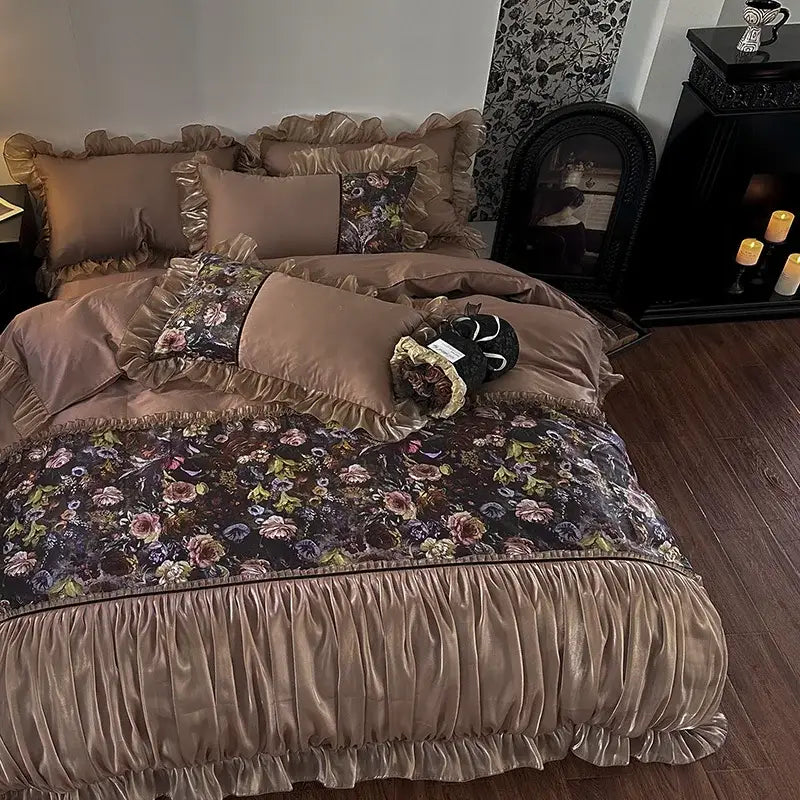 French organza lace taupe floral bedding set bedroom egyptian cotton