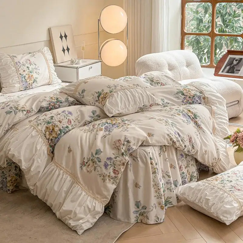 French pastoral princess cream floral lace bedding set bedroom cotton