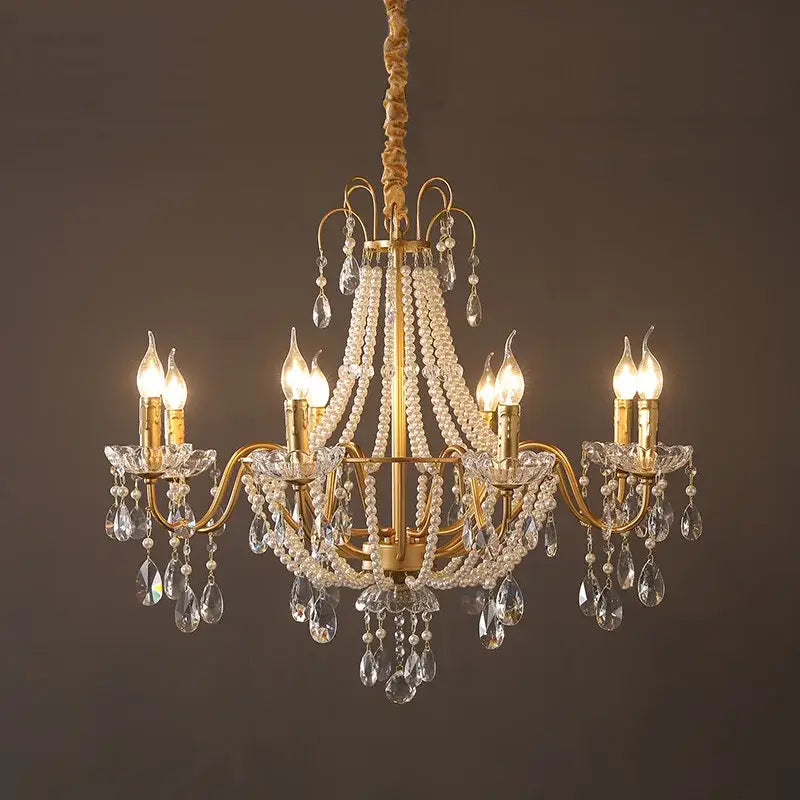 French pearl chandelier gold 6 light crystal living room pendant