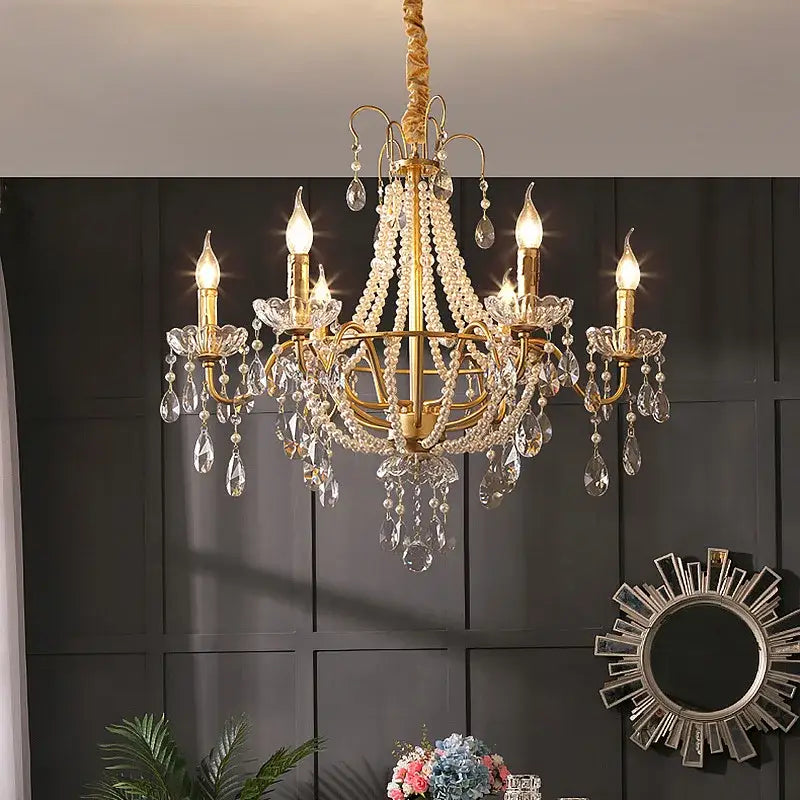 French pearl chandelier gold 6 light crystal living room pendant