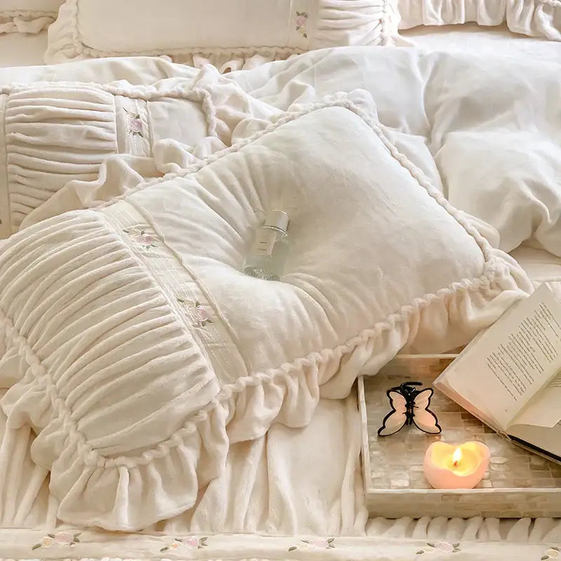 French pleat lace cream velvet duvet cover bedroom bedding set