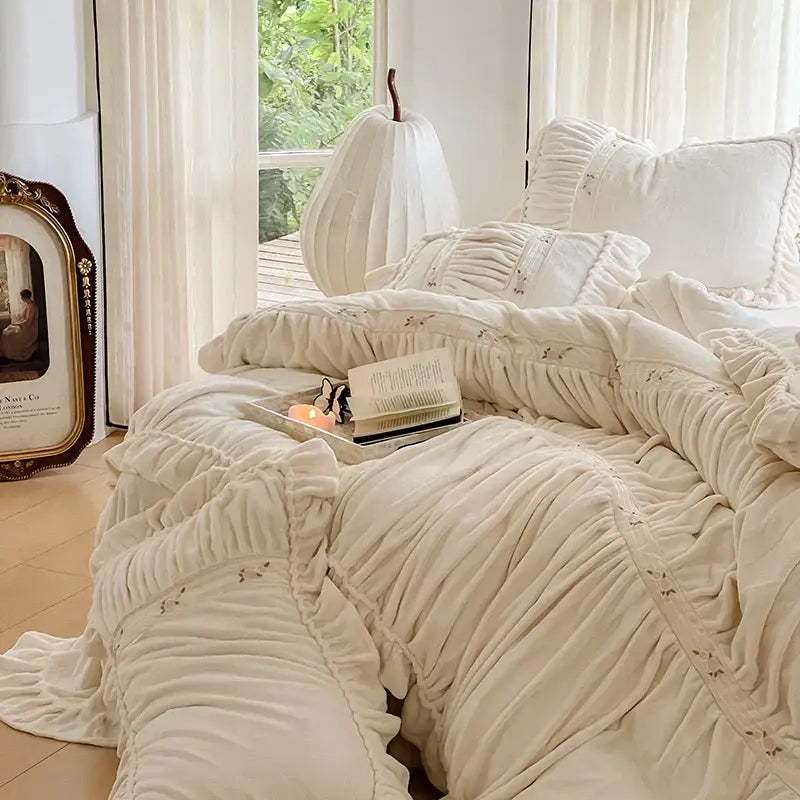 French pleat lace cream velvet duvet cover bedroom bedding set