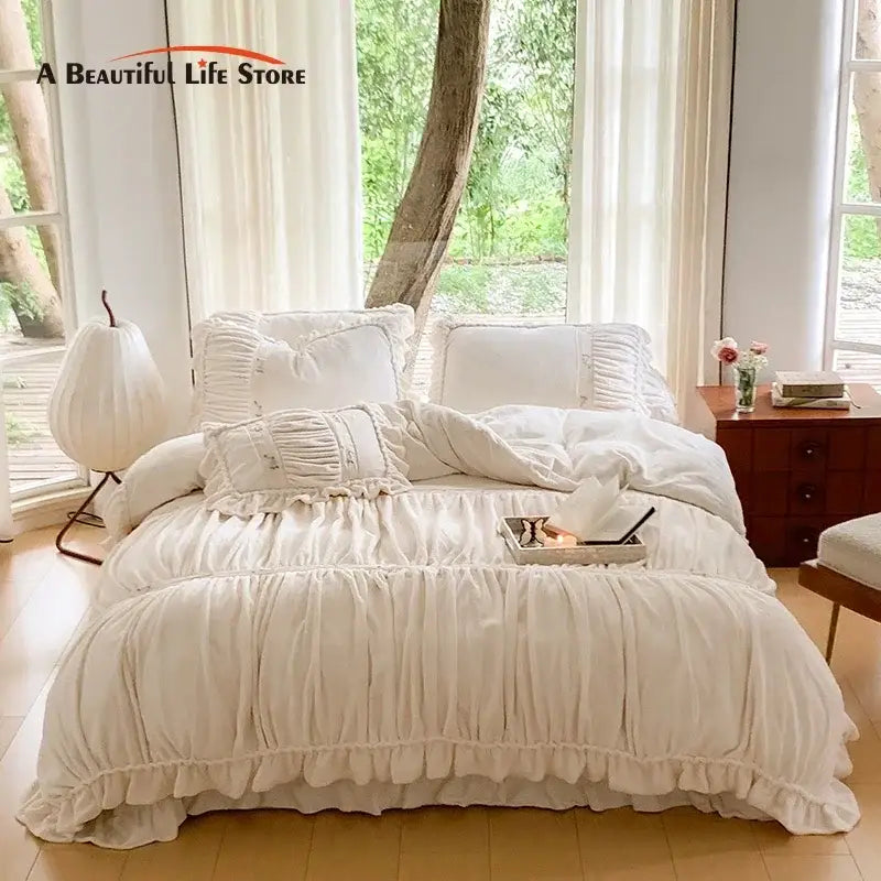 French pleat lace cream velvet duvet cover bedroom bedding set