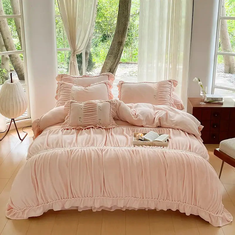 French pleat lace cream velvet duvet cover bedroom bedding set