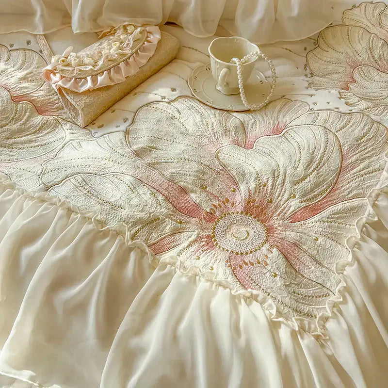 French princess cream & pink floral embroidery bedding set bedroom