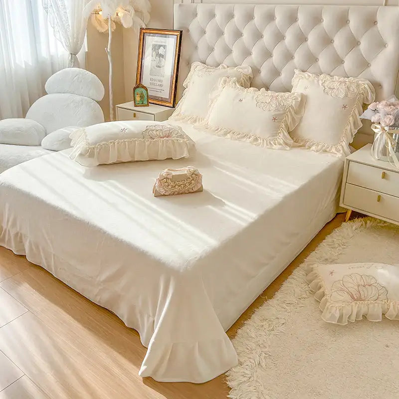 French princess cream & pink floral embroidery bedding set bedroom