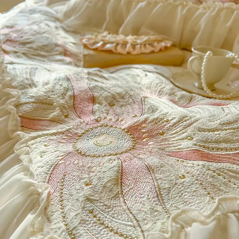 French princess cream & pink floral embroidery bedding set bedroom