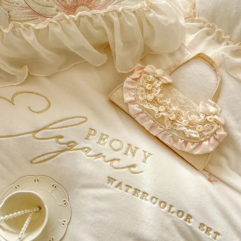 French princess cream & pink floral embroidery bedding set bedroom