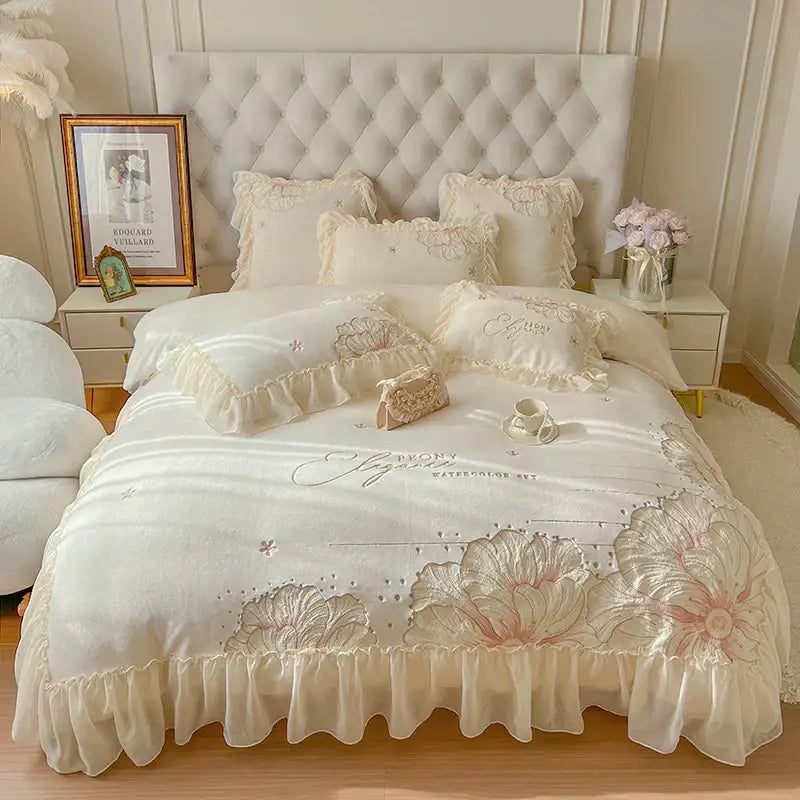 French princess cream & pink floral embroidery bedding set bedroom