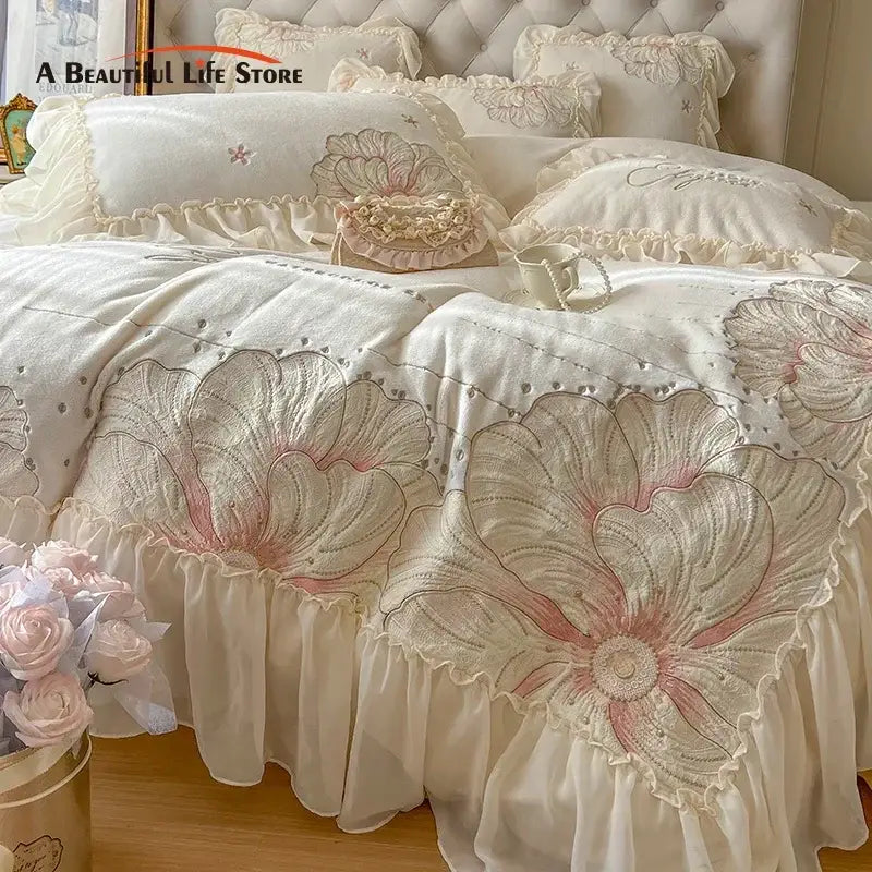 French princess cream & pink floral embroidery bedding set bedroom